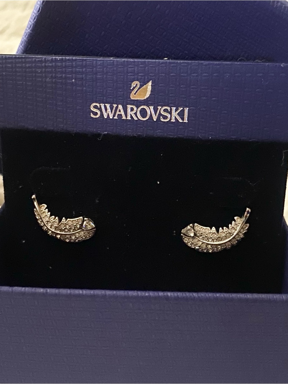Swarovski Silver Tone Crystal Feather Stud Earrings